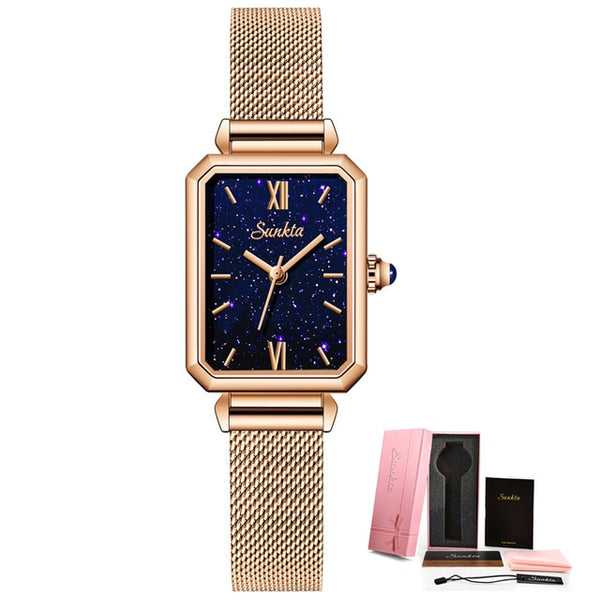 SUNKTA Luxury Fashion Casual Ladies Quartz Rose Gold Stainless Steel Mesh Wristwatch