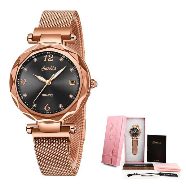 SUNKTA Luxury Fashion Casual Ladies Quartz Rose Gold Stainless Steel Mesh Wristwatch