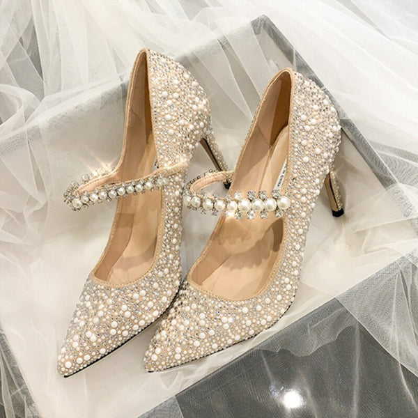 2020 Newest Heels Pumps Fashion Pearl Decorative Diamond Wedding Shoes.