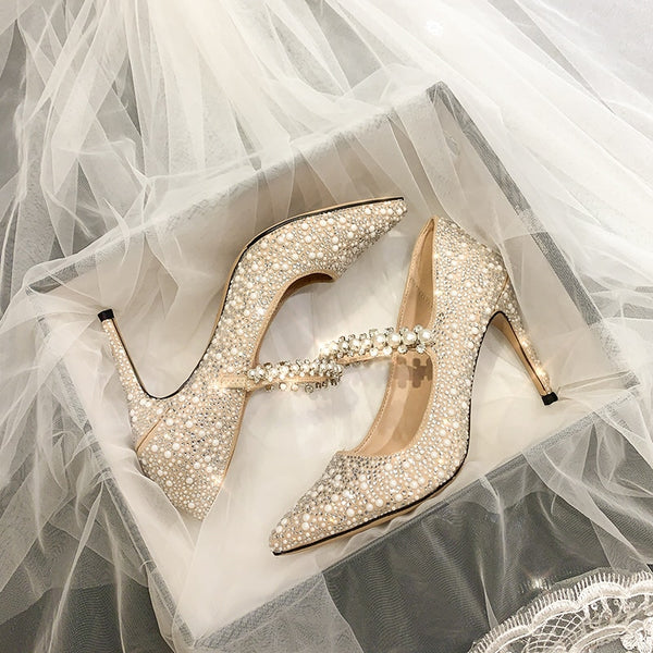 2020 Newest Heels Pumps Fashion Pearl Decorative Diamond Wedding Shoes.