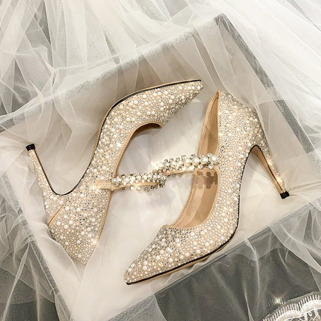 2020 Newest Heels Pumps Fashion Pearl Decorative Diamond Wedding Shoes.