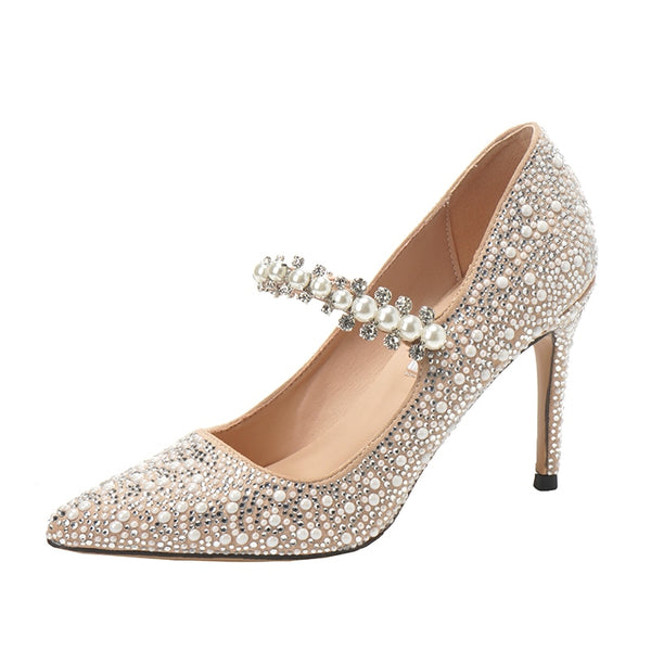 2020 Newest Heels Pumps Fashion Pearl Decorative Diamond Wedding Shoes.