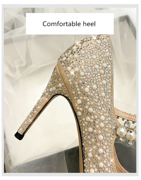 2020 Newest Heels Pumps Fashion Pearl Decorative Diamond Wedding Shoes.