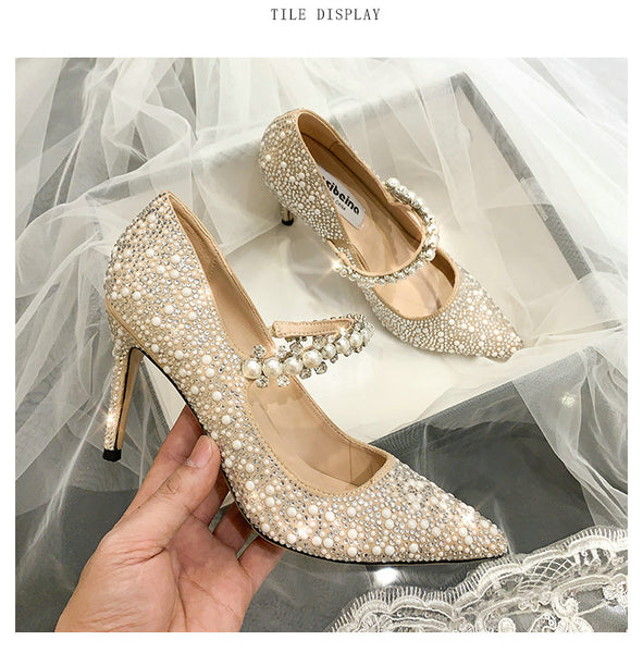 2020 Newest Heels Pumps Fashion Pearl Decorative Diamond Wedding Shoes.