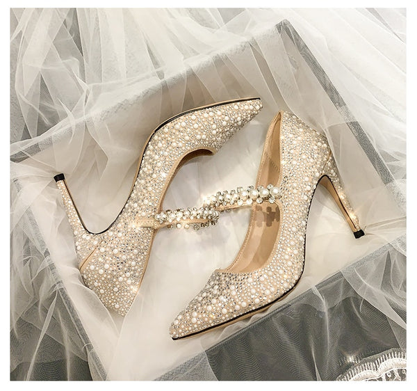 2020 Newest Heels Pumps Fashion Pearl Decorative Diamond Wedding Shoes.