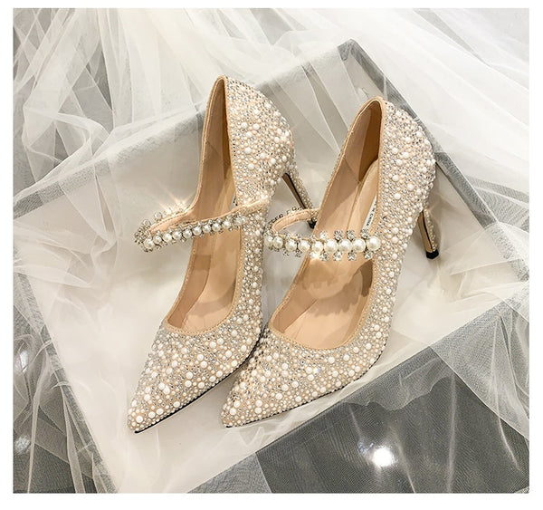 2020 Newest Heels Pumps Fashion Pearl Decorative Diamond Wedding Shoes.