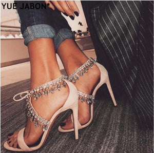 Luxury Diamond Crystal Embellished Fringed Suede Gladiator Sandals Women Ankle Tie Stiletto High Heels  party shoes