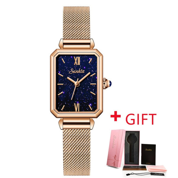 SUNKTA Top Brand Luxury Rectangular Ultra-Thin Waterproof Quartz Ladies Wristwatch