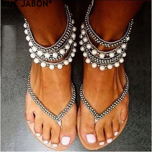 Crystal sandals Summer rhinestone ankle strap flat shoes female beach shoes