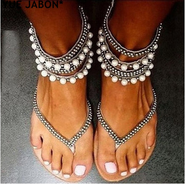 Crystal sandals Summer rhinestone ankle strap flat shoes female beach shoes