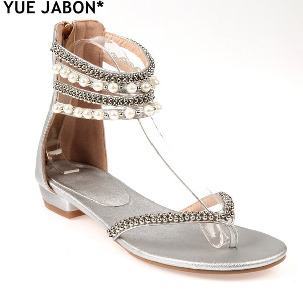 Crystal sandals Summer rhinestone ankle strap flat shoes female beach shoes