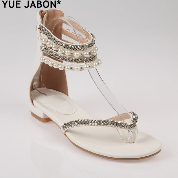 Crystal sandals Summer rhinestone ankle strap flat shoes female beach shoes