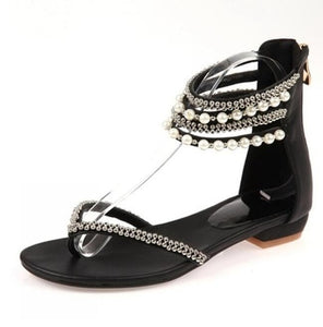 Crystal sandals Summer rhinestone ankle strap flat shoes female beach shoes