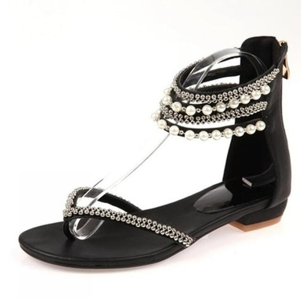 Crystal sandals Summer rhinestone ankle strap flat shoes female beach shoes