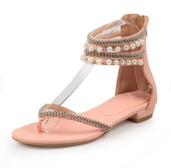 Crystal sandals Summer rhinestone ankle strap flat shoes female beach shoes