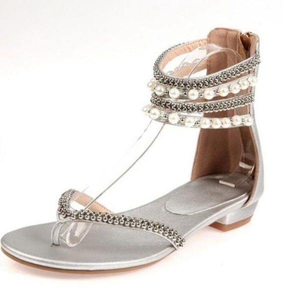 Crystal sandals Summer rhinestone ankle strap flat shoes female beach shoes