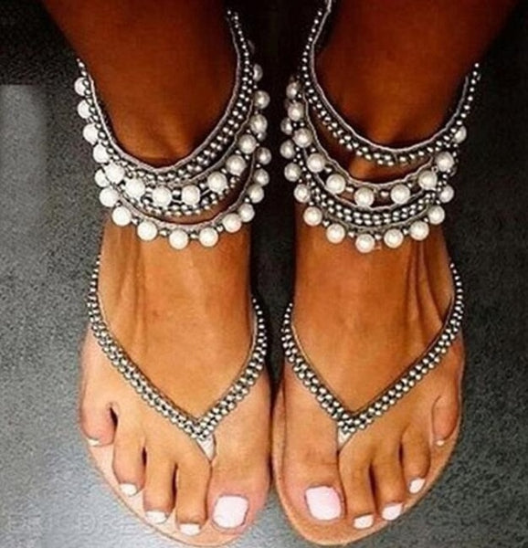 Crystal sandals Summer rhinestone ankle strap flat shoes female beach shoes